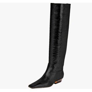 Black Women Closed Square Toe Knee High Boot Wide Calf Low Chunky Heel Long Boot